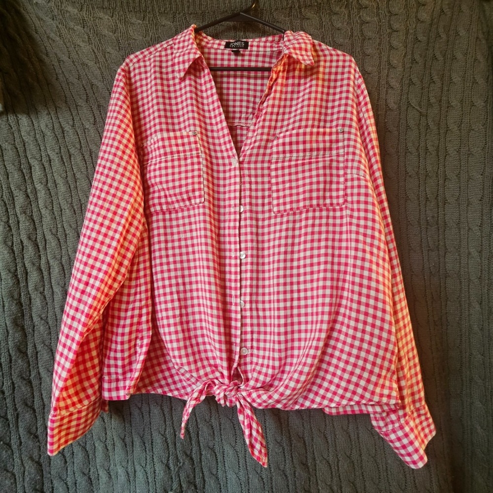 Jones New York Red White Gingham Tie Front Button Down Shirt Womens XL